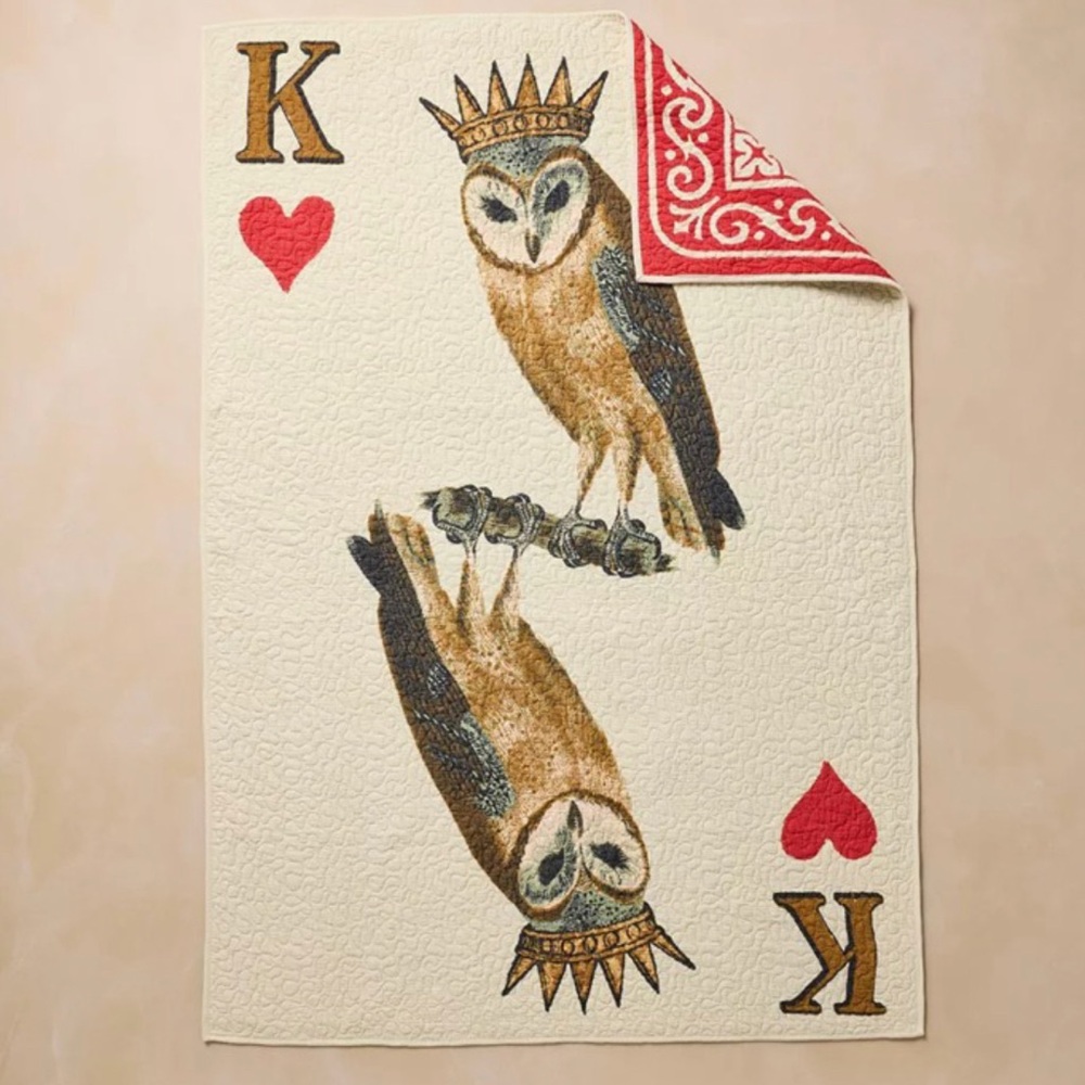 John Derian for Target 70"x50" Reversible King of Hearts Owl Card Quilt Blanket